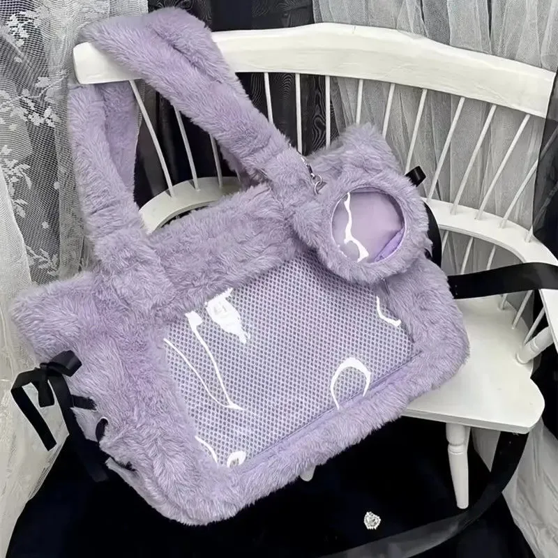 Kawaii Dreams: 3D Bow-Adorned Plush Ita Bag with Transparent Pockets 🦄✨