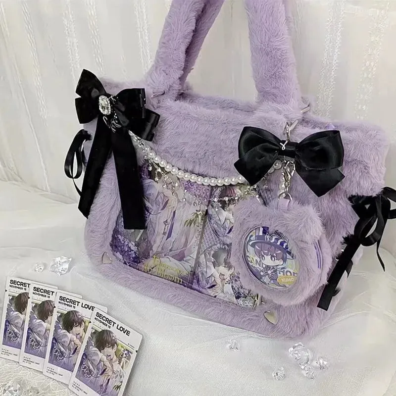 Kawaii Dreams: 3D Bow-Adorned Plush Ita Bag with Transparent Pockets 🦄✨