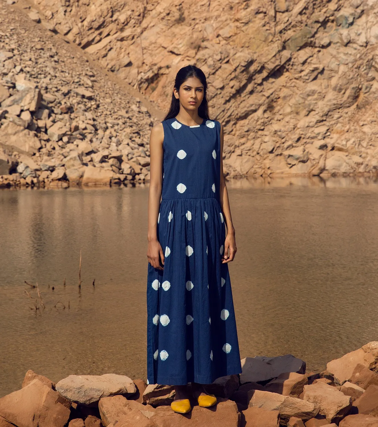 Khara Kapas   I   KharaKapas I Shibori Dyed Sleeveless Indigo Blue Long Dress  I 32 Days Of Summer