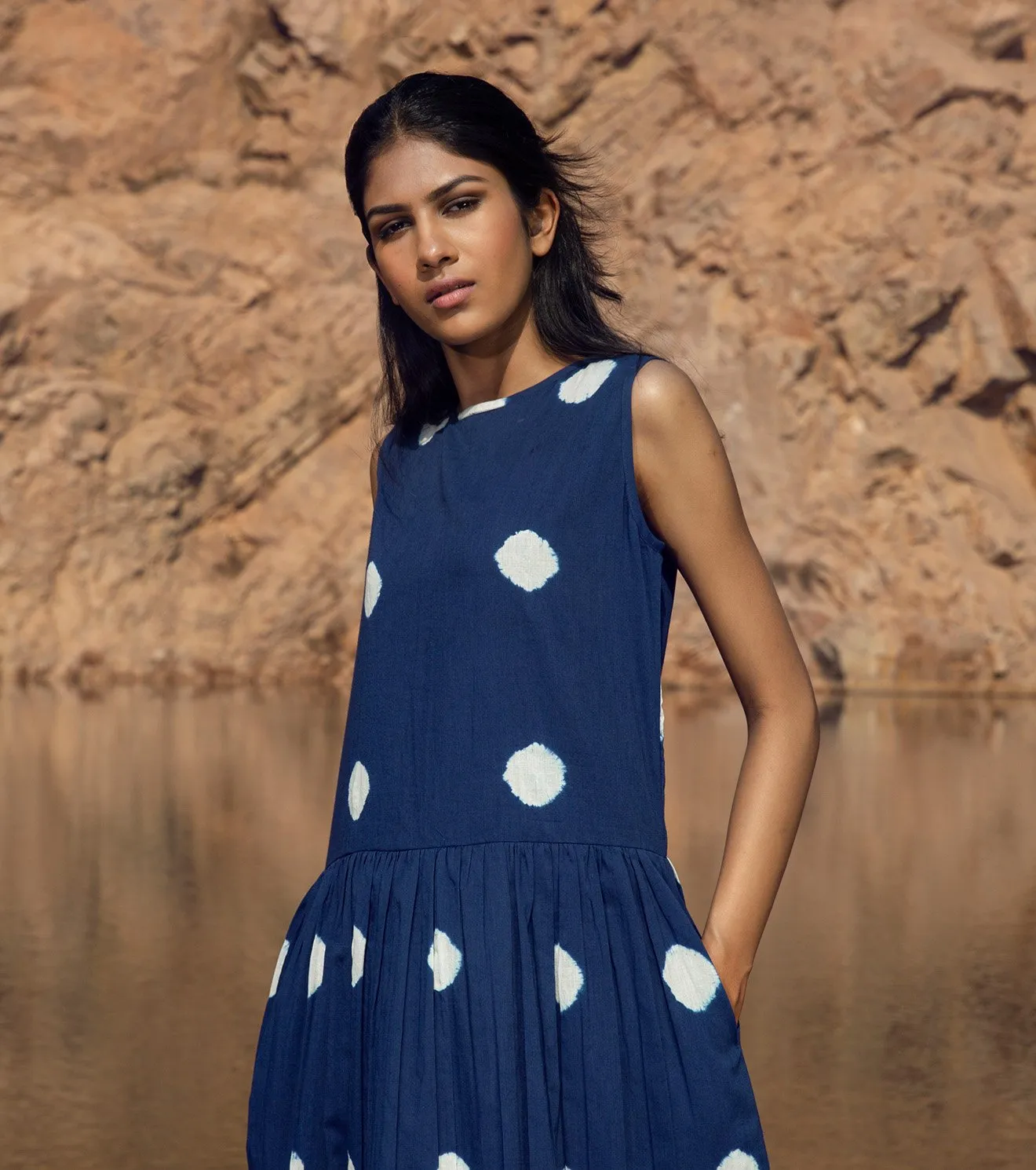 Khara Kapas   I   KharaKapas I Shibori Dyed Sleeveless Indigo Blue Long Dress  I 32 Days Of Summer