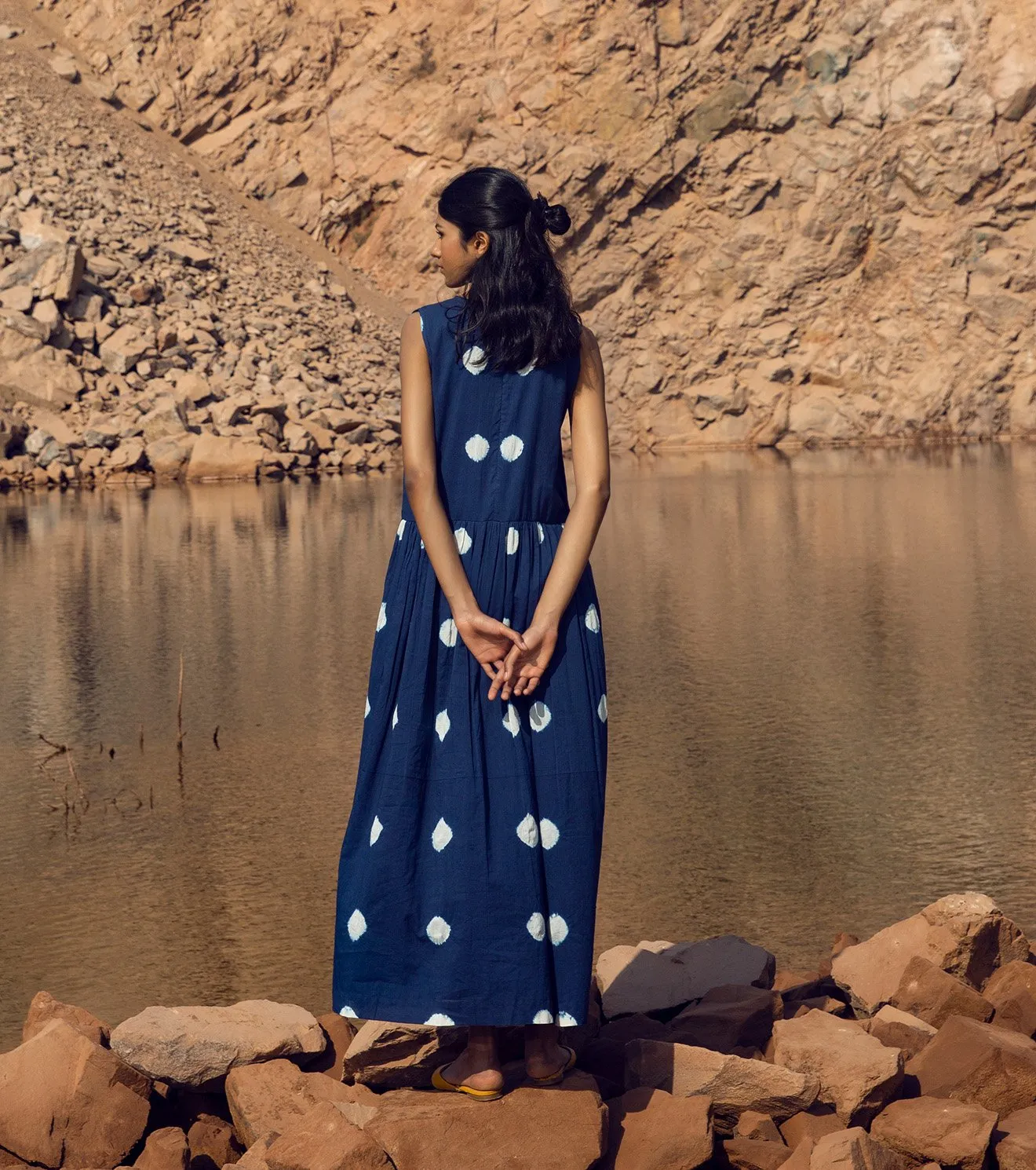 Khara Kapas   I   KharaKapas I Shibori Dyed Sleeveless Indigo Blue Long Dress  I 32 Days Of Summer