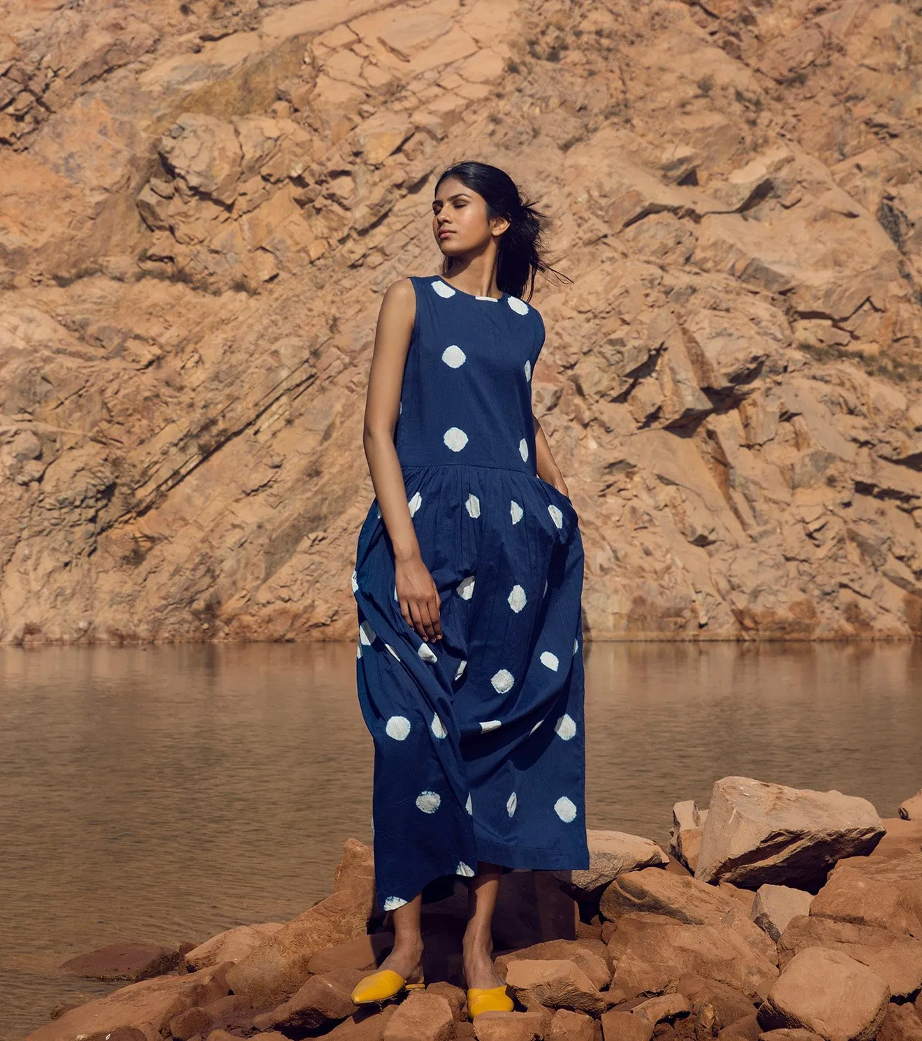 Khara Kapas   I   KharaKapas I Shibori Dyed Sleeveless Indigo Blue Long Dress  I 32 Days Of Summer