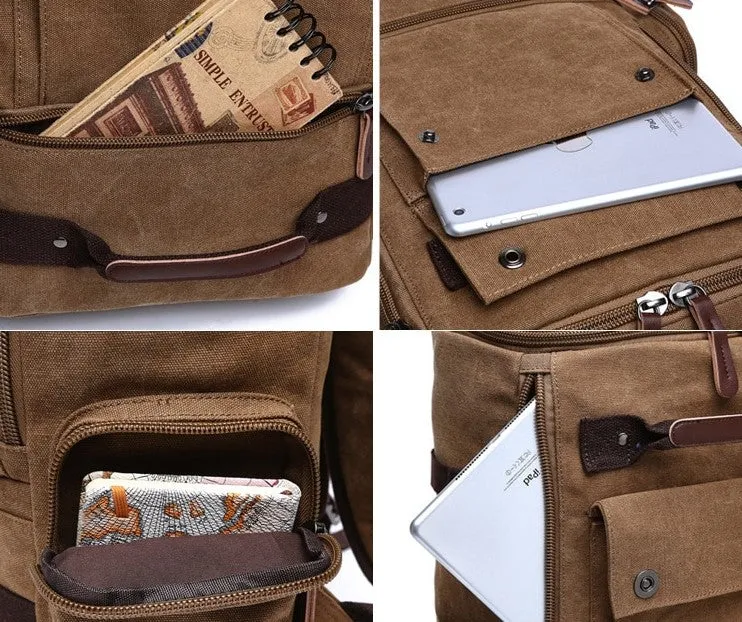 Large Vintage Zipper-Shut Canvas Rucksack 15.6 inch Laptop Backpack