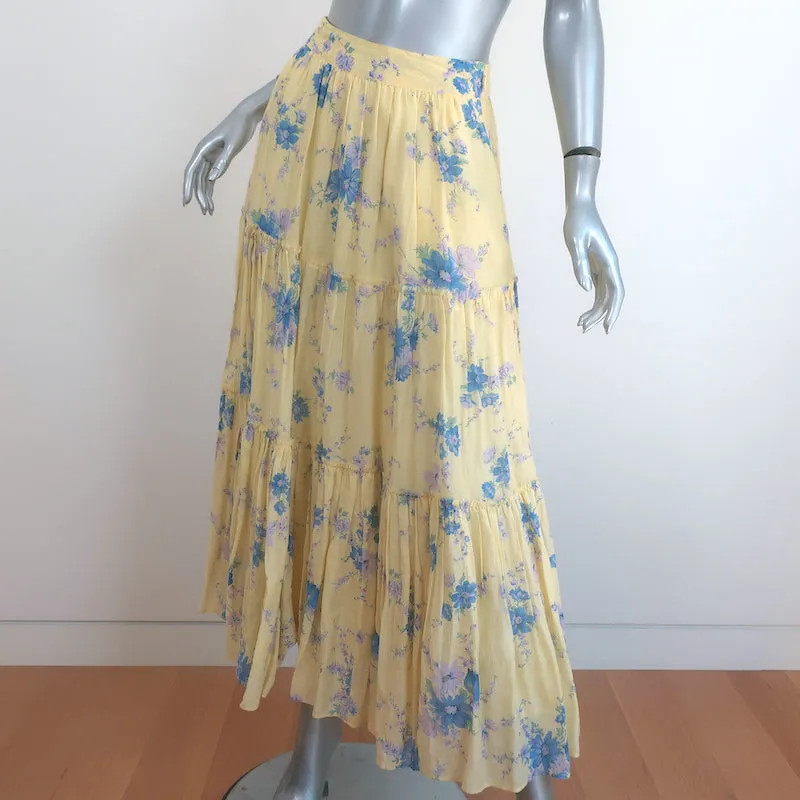 LoveShackFancy Tiered Maxi Skirt Haru Yellow Floral Print Cotton-Silk Size 2