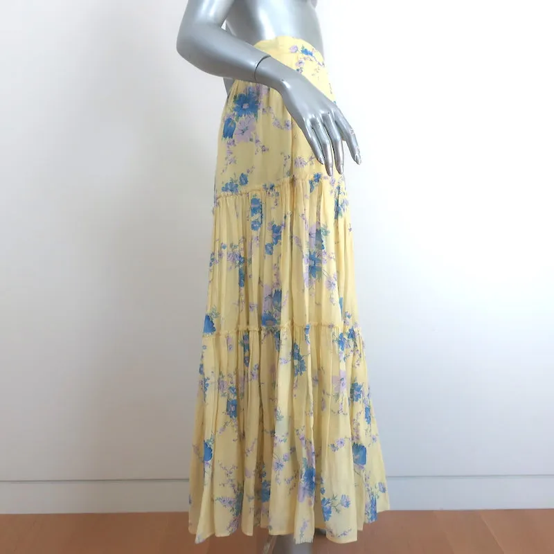 LoveShackFancy Tiered Maxi Skirt Haru Yellow Floral Print Cotton-Silk Size 2