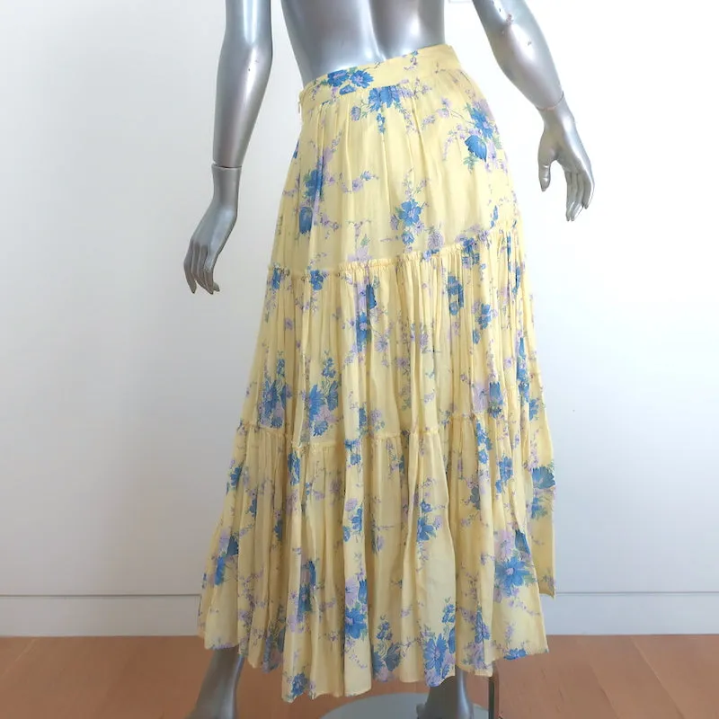 LoveShackFancy Tiered Maxi Skirt Haru Yellow Floral Print Cotton-Silk Size 2