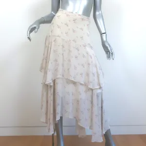 LoveShackFancy Tiered Midi Skirt Alex Ivory Floral Print Silk Size Extra Small