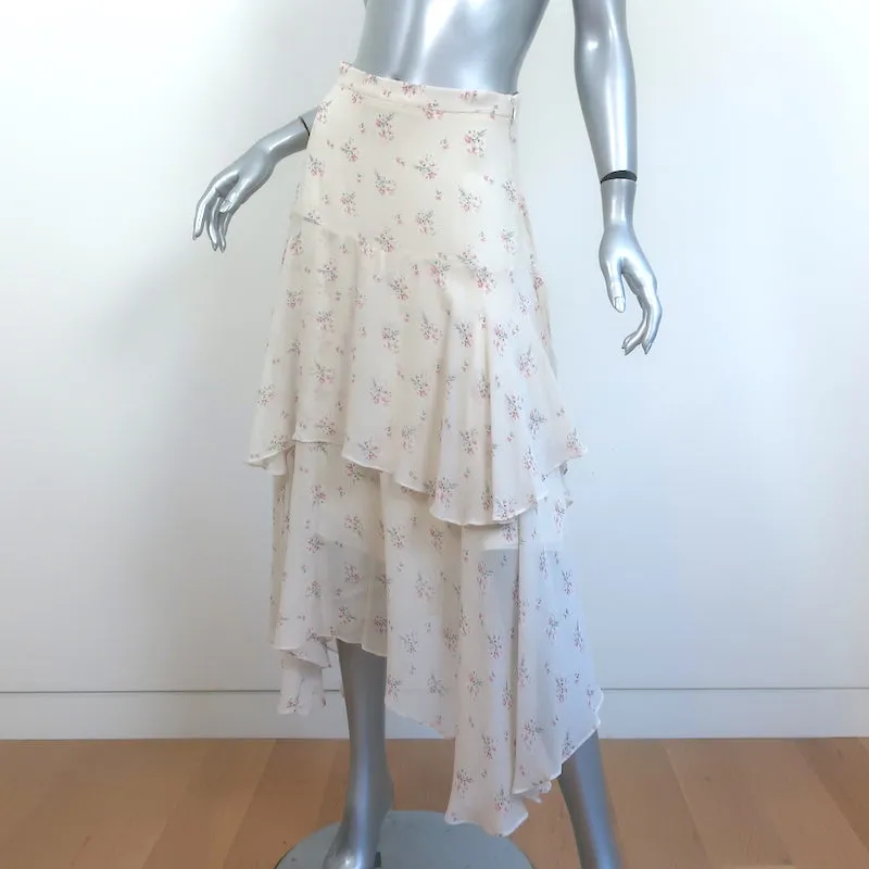 LoveShackFancy Tiered Midi Skirt Alex Ivory Floral Print Silk Size Extra Small