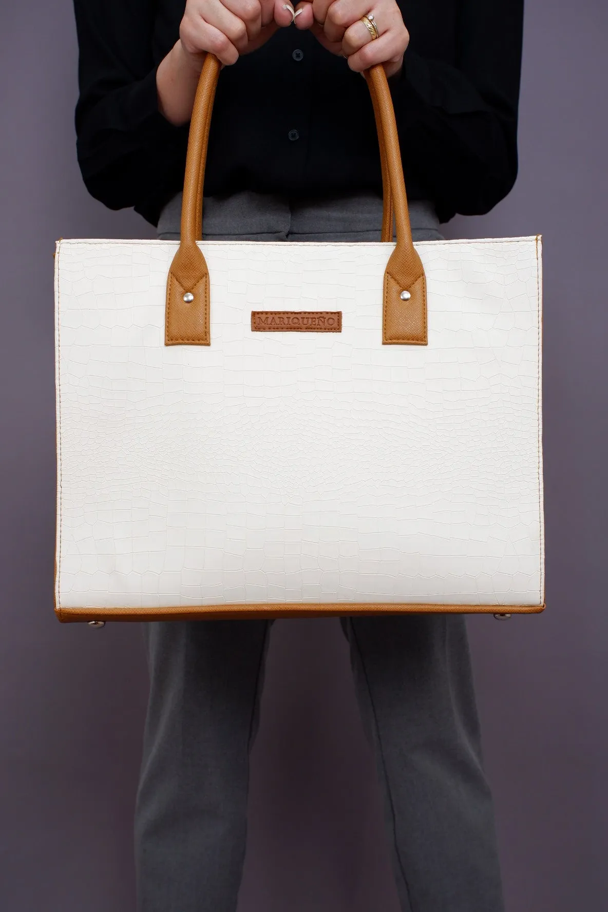 MADELINE Croc Embossed Shoulder Bag in Off White