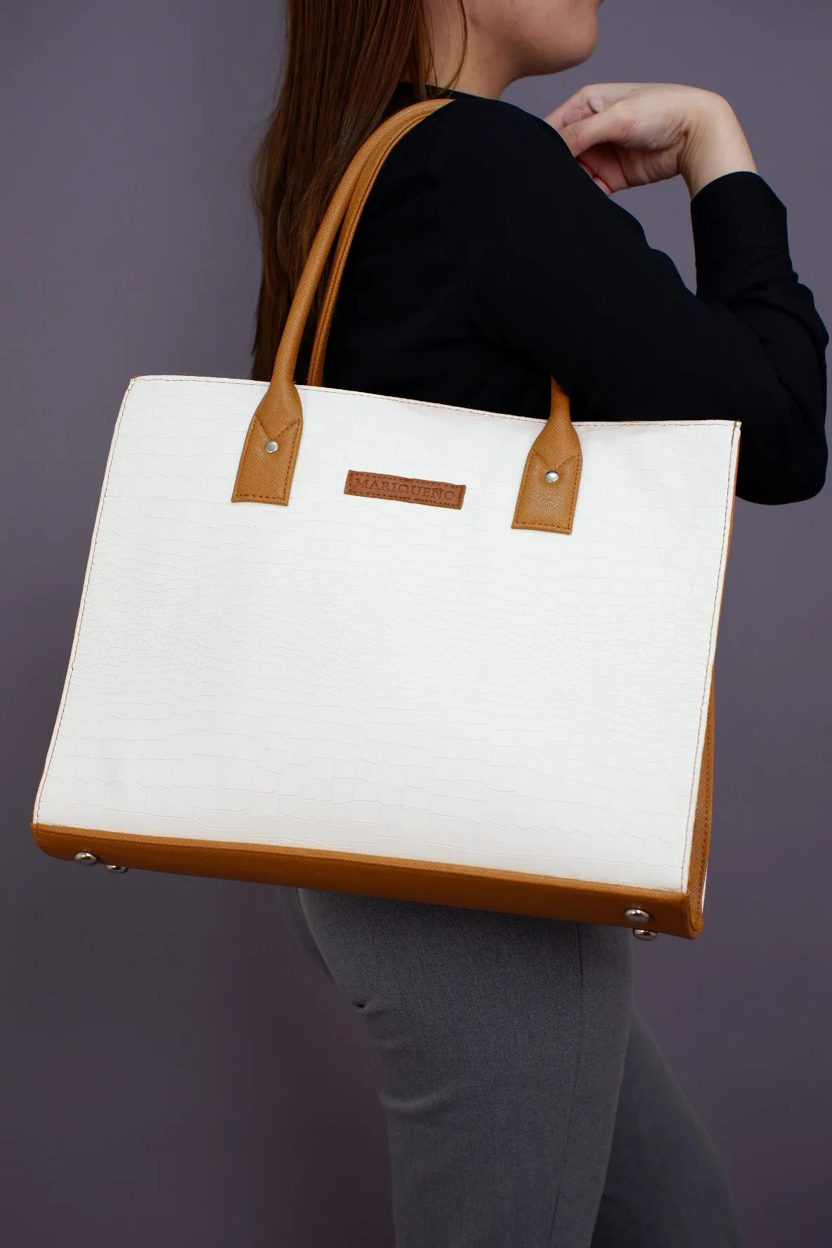 MADELINE Croc Embossed Shoulder Bag in Off White