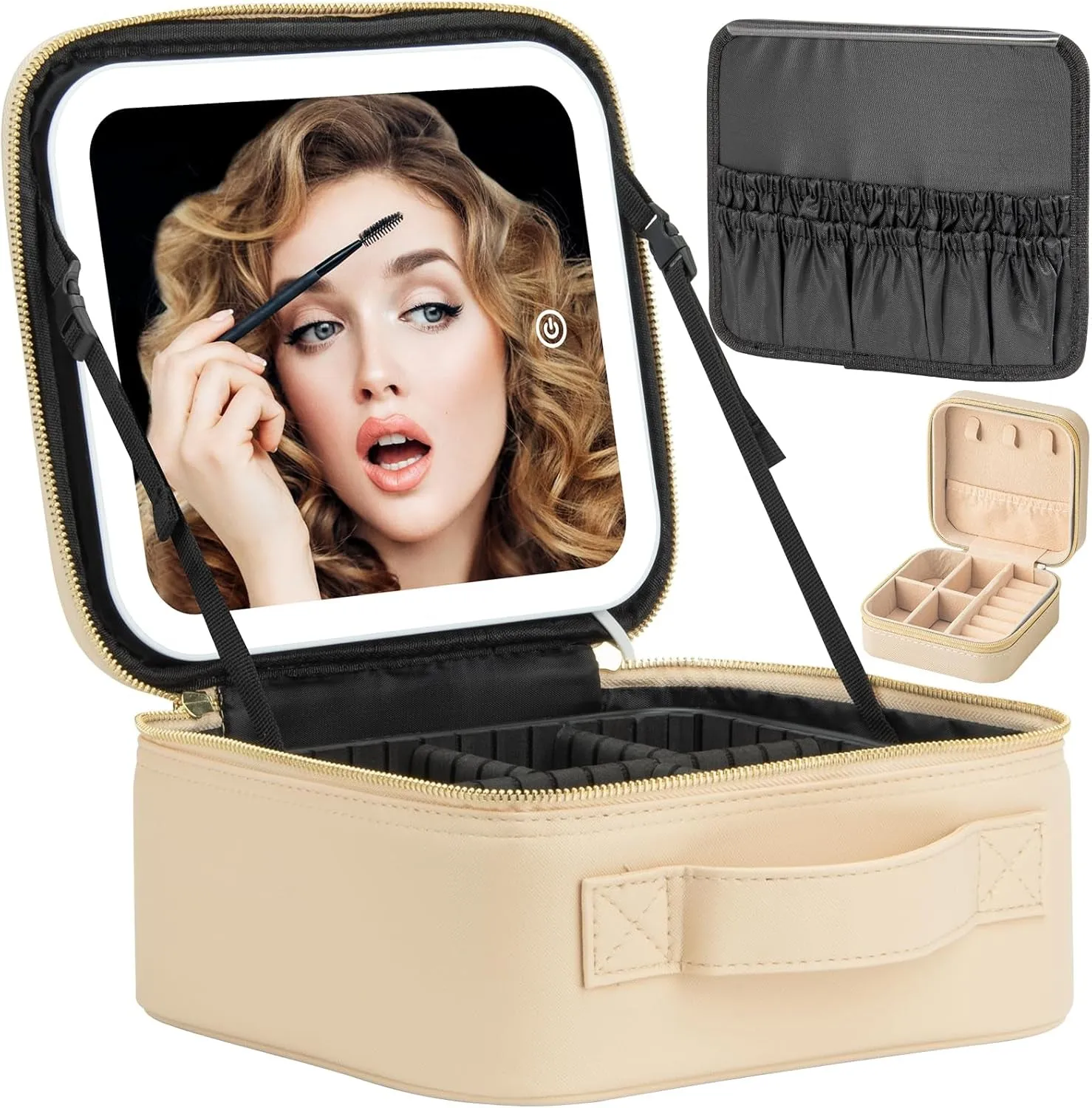 Makeup Travel Train Case with Mirror LED Light 3 Adjustable Brightness Cosmetic Bag Portable Storage Adjustable Partition Waterproof Makeup Brushes Makeup Jewelry Gift for Women
