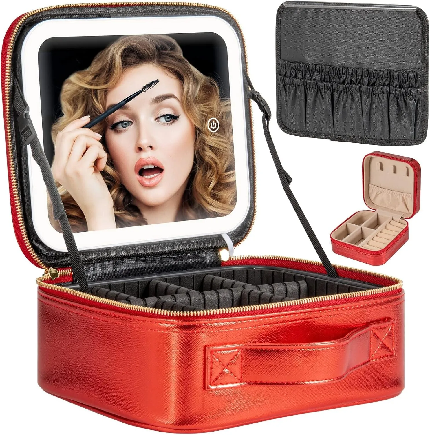 Makeup Travel Train Case with Mirror LED Light 3 Adjustable Brightness Cosmetic Bag Portable Storage Adjustable Partition Waterproof Makeup Brushes Makeup Jewelry Gift for Women