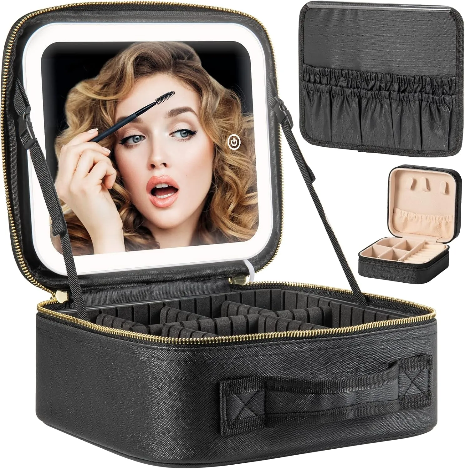 Makeup Travel Train Case with Mirror LED Light 3 Adjustable Brightness Cosmetic Bag Portable Storage Adjustable Partition Waterproof Makeup Brushes Makeup Jewelry Gift for Women