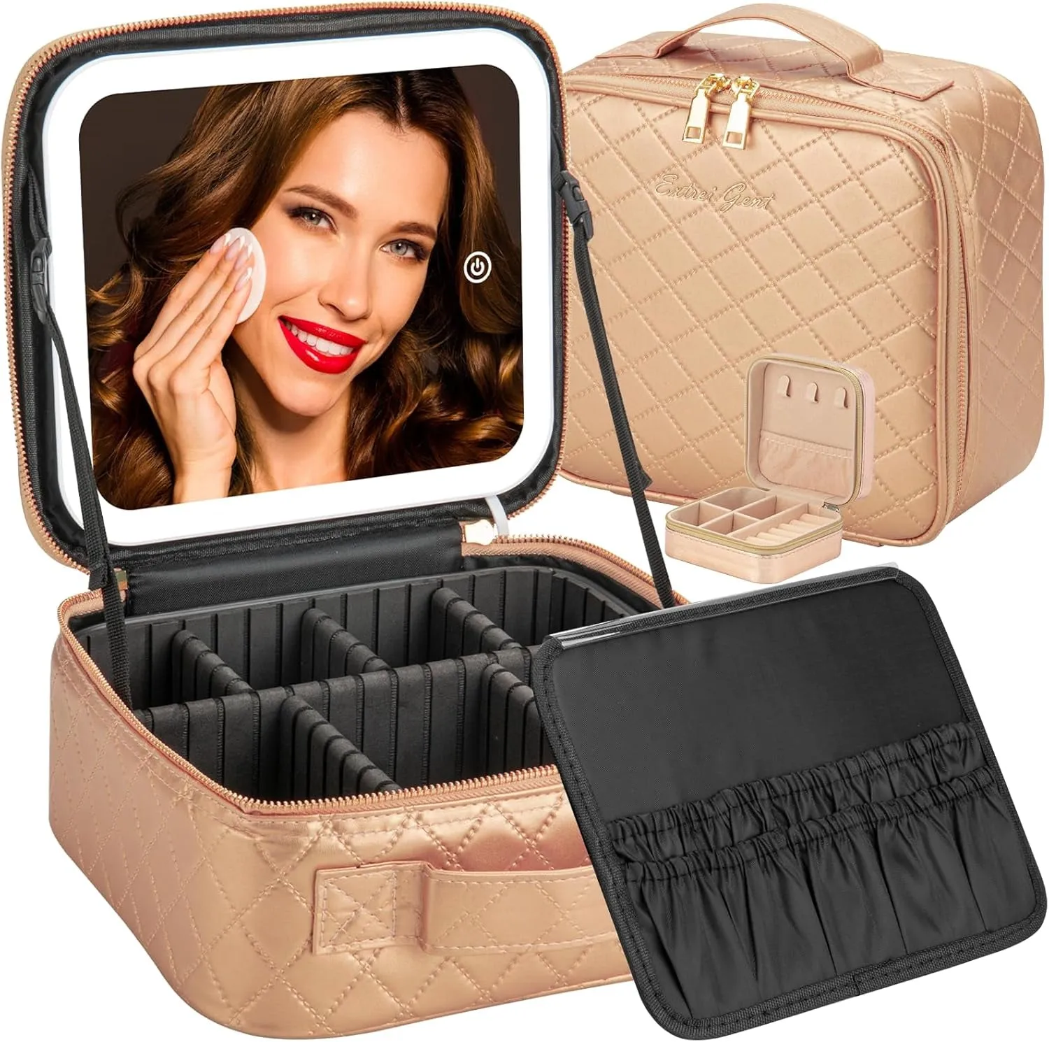 Makeup Travel Train Case with Mirror LED Light 3 Adjustable Brightness Cosmetic Bag Portable Storage Adjustable Partition Waterproof Makeup Brushes Makeup Jewelry Gift for Women