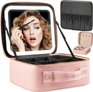 Makeup Travel Train Case with Mirror LED Light 3 Adjustable Brightness Cosmetic Bag Portable Storage Adjustable Partition Waterproof Makeup Brushes Makeup Jewelry Gift for Women