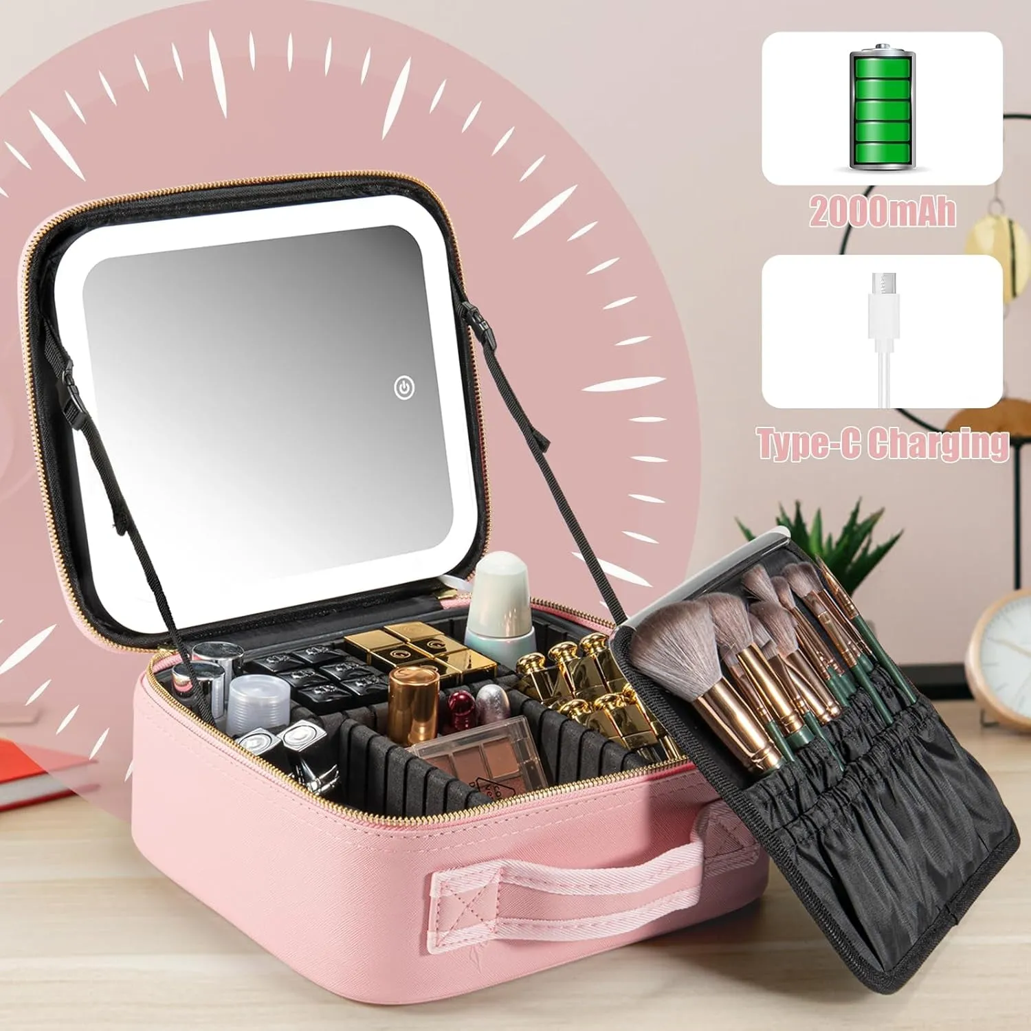 Makeup Travel Train Case with Mirror LED Light 3 Adjustable Brightness Cosmetic Bag Portable Storage Adjustable Partition Waterproof Makeup Brushes Makeup Jewelry Gift for Women