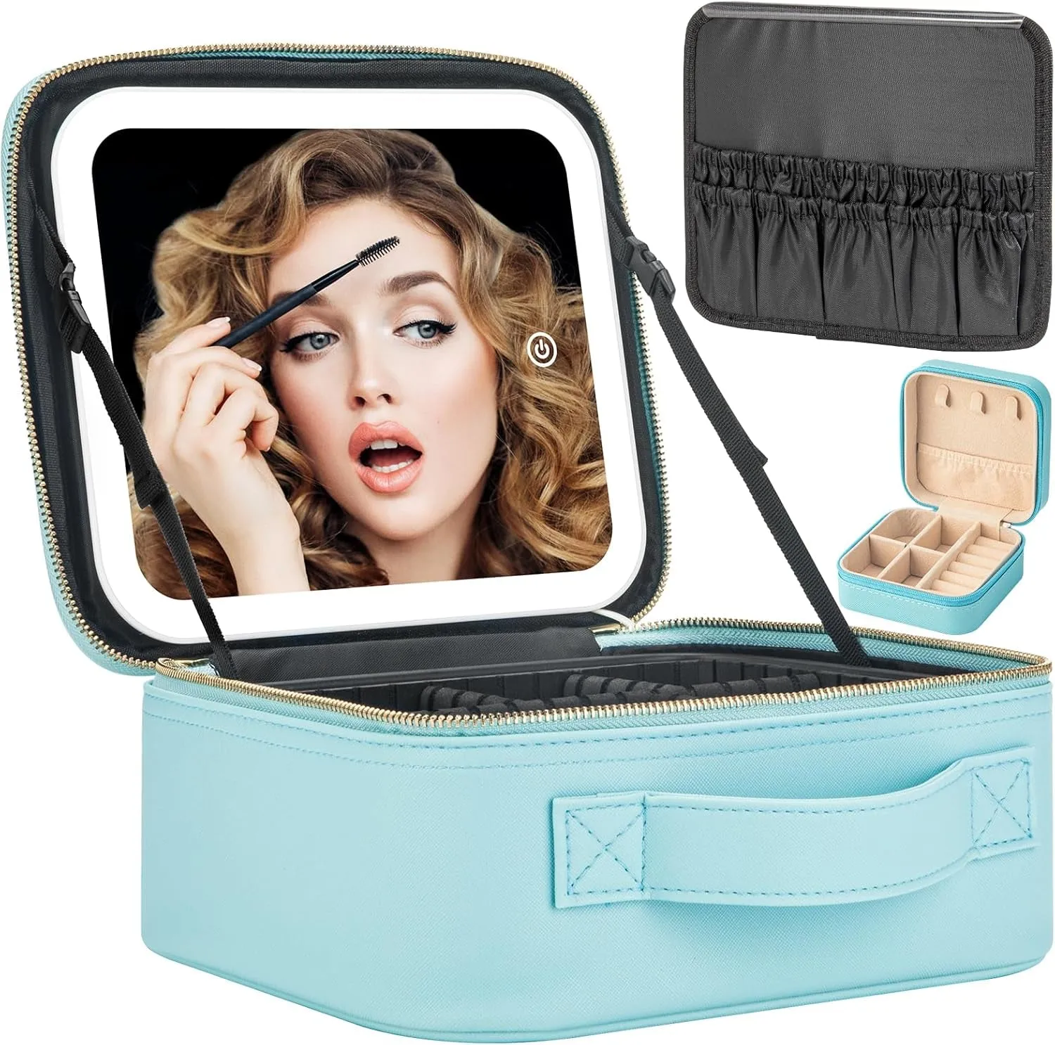 Makeup Travel Train Case with Mirror LED Light 3 Adjustable Brightness Cosmetic Bag Portable Storage Adjustable Partition Waterproof Makeup Brushes Makeup Jewelry Gift for Women