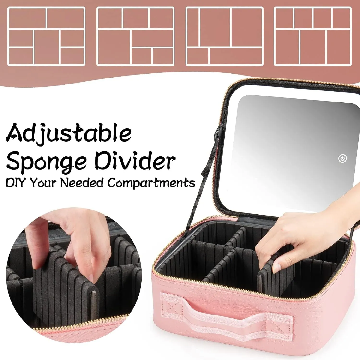 Makeup Travel Train Case with Mirror LED Light 3 Adjustable Brightness Cosmetic Bag Portable Storage Adjustable Partition Waterproof Makeup Brushes Makeup Jewelry Gift for Women