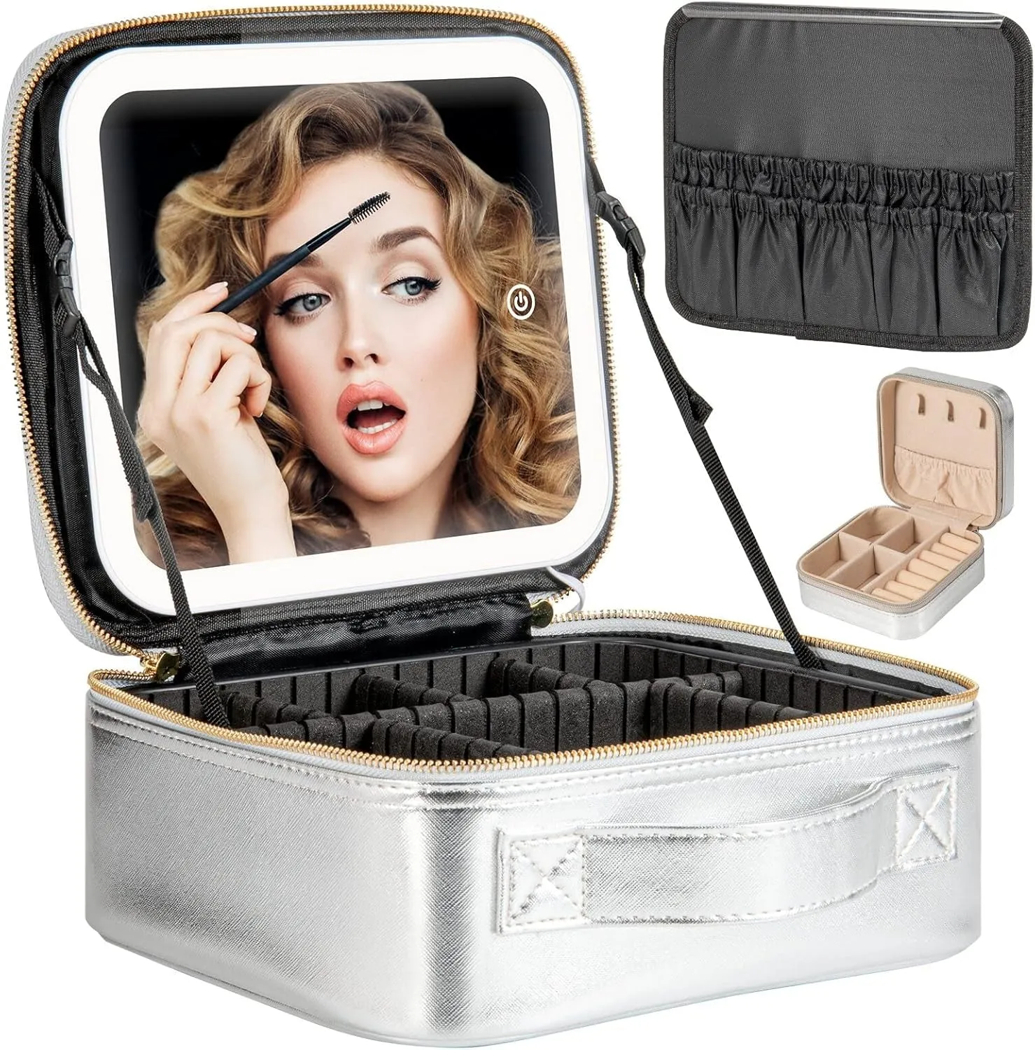 Makeup Travel Train Case with Mirror LED Light 3 Adjustable Brightness Cosmetic Bag Portable Storage Adjustable Partition Waterproof Makeup Brushes Makeup Jewelry Gift for Women