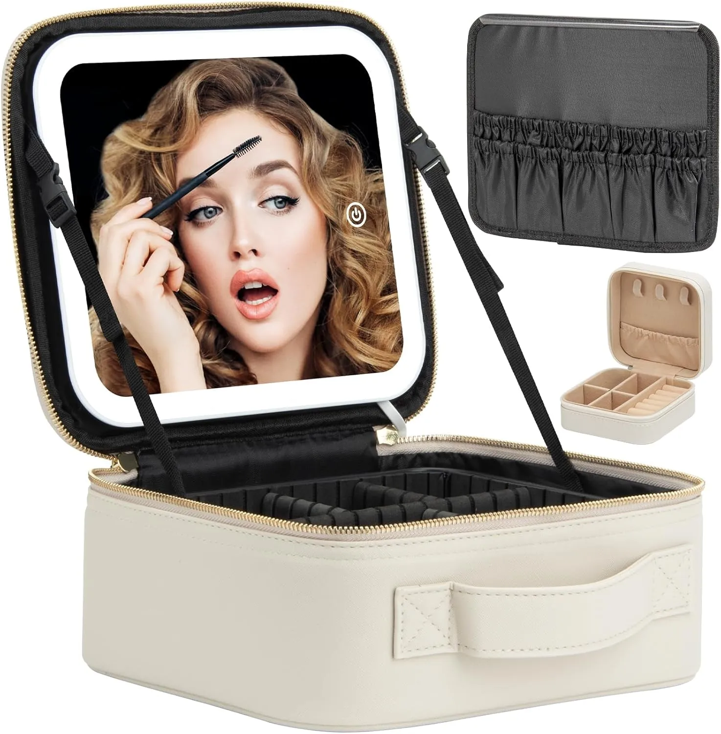 Makeup Travel Train Case with Mirror LED Light 3 Adjustable Brightness Cosmetic Bag Portable Storage Adjustable Partition Waterproof Makeup Brushes Makeup Jewelry Gift for Women
