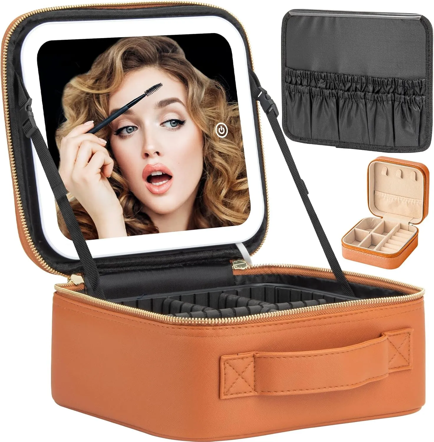 Makeup Travel Train Case with Mirror LED Light 3 Adjustable Brightness Cosmetic Bag Portable Storage Adjustable Partition Waterproof Makeup Brushes Makeup Jewelry Gift for Women