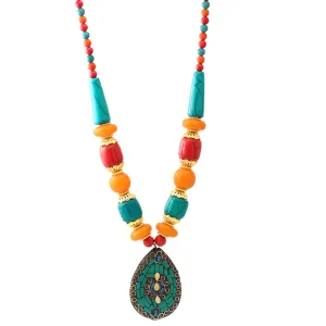 MULTICOLOR BEADS GOLD TURQUOISE PENDANT NECKLACE #FWNK-1808-15 (FE0)