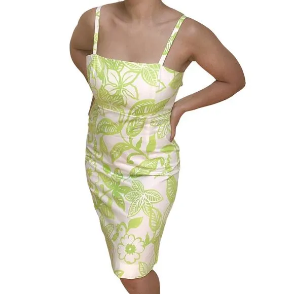 NEW Deadstock Y2K Green Floral Cotton Knee-Length Dress 8 Hawaiian Coconut Girl