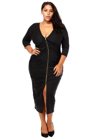 Plus Size Front Zipper Ruched Midi Dress