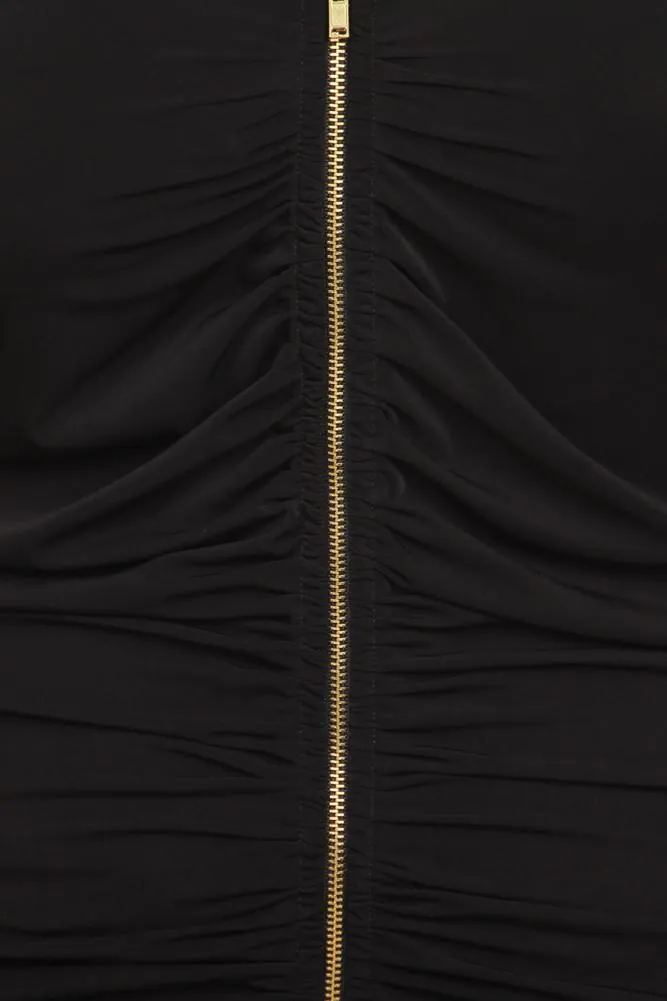 Plus Size Front Zipper Ruched Midi Dress