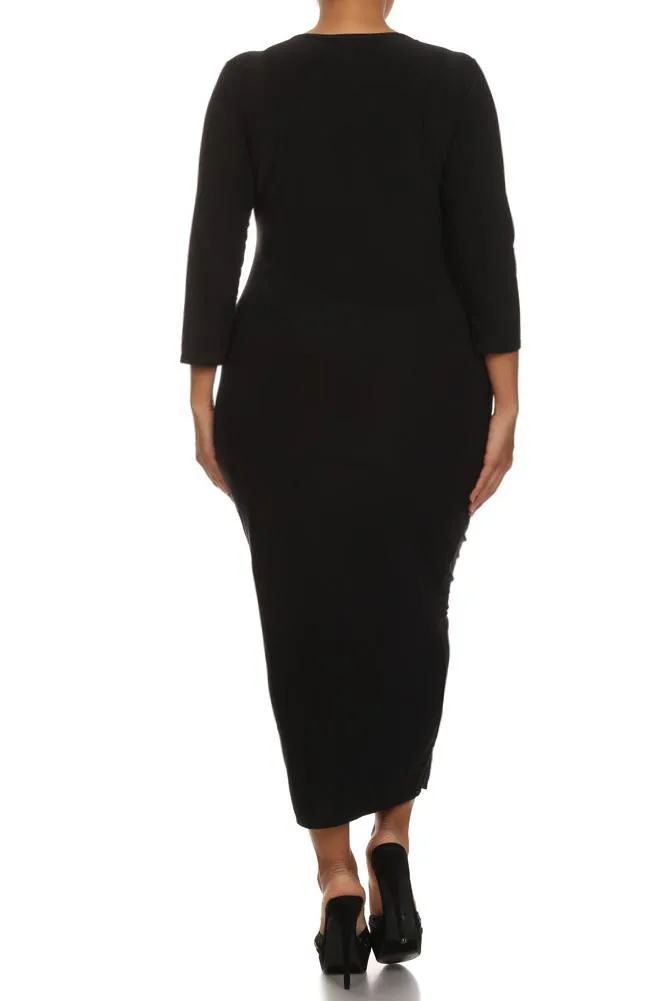 Plus Size Front Zipper Ruched Midi Dress