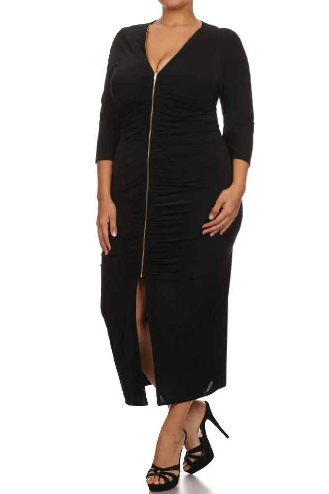 Plus Size Front Zipper Ruched Midi Dress