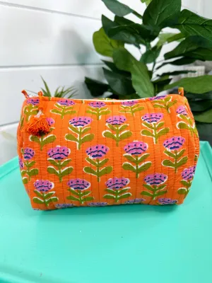 Quilted Cosmetic Bag in Orange Floral