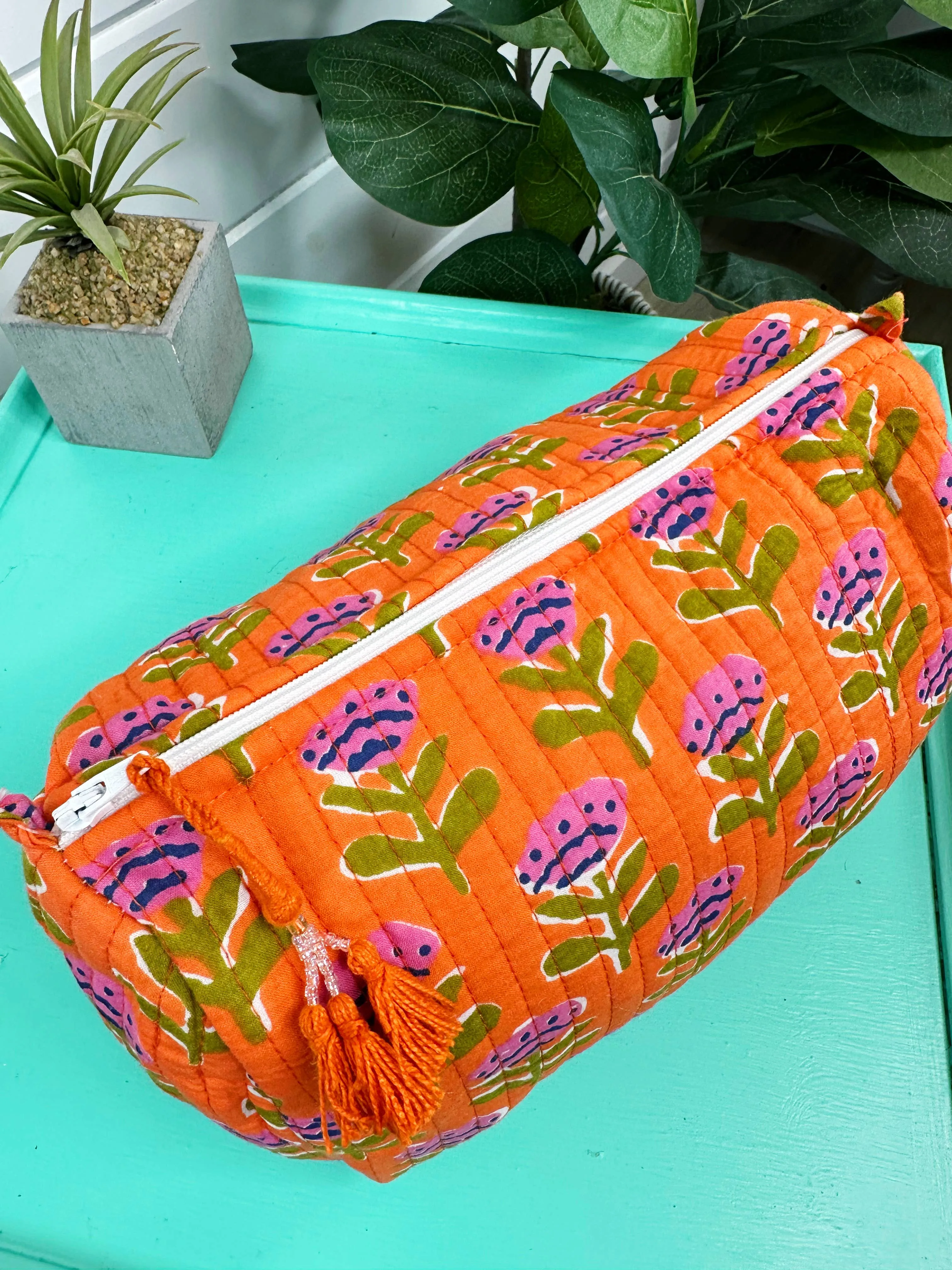 Quilted Cosmetic Bag in Orange Floral