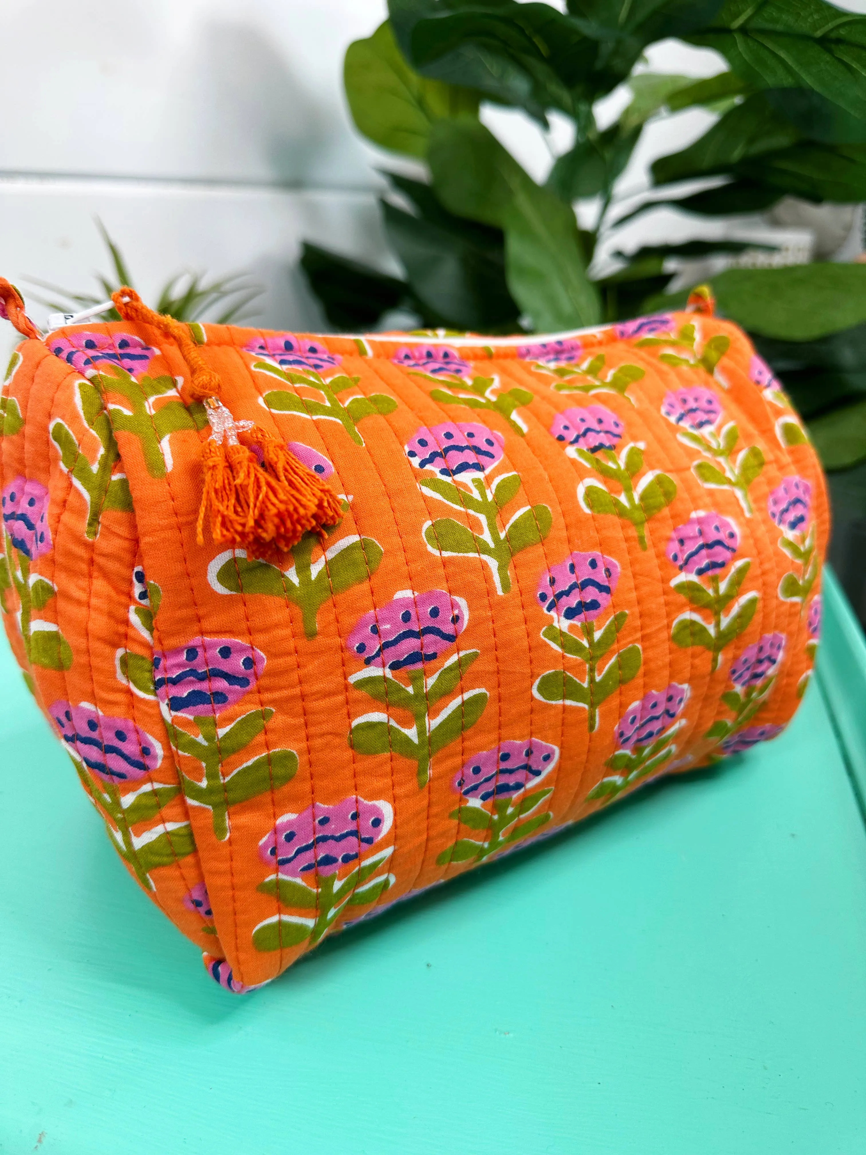 Quilted Cosmetic Bag in Orange Floral