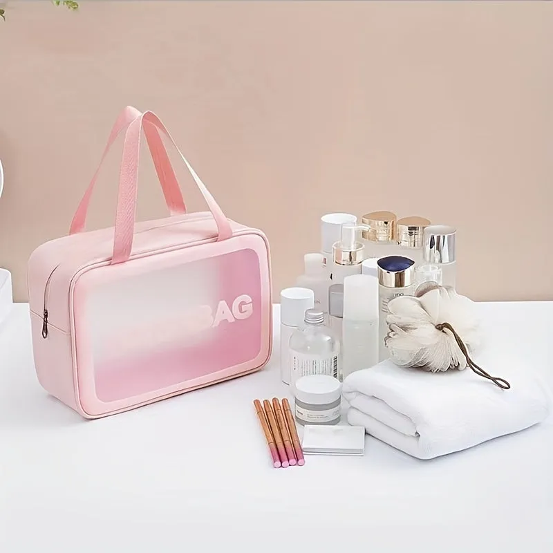 realaiot  Portable Waterproof Cosmetic Bag, Pink Large Capacity Transparent Storage Bag, Makeup  Bags, Clear Bags,Travel Toiletry Bag & Essential Accessories For Women
