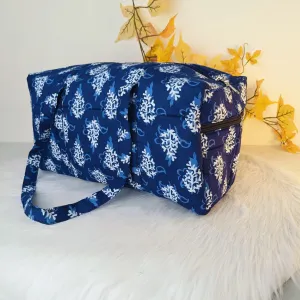 Rectangle Travel Bag Dark Blue with White Big Flower Design.