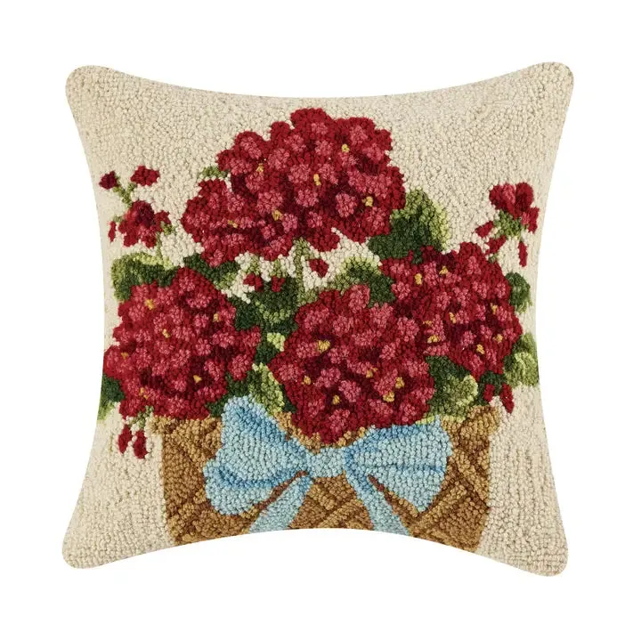 Red Geranium Floral Basket Hook Pillow