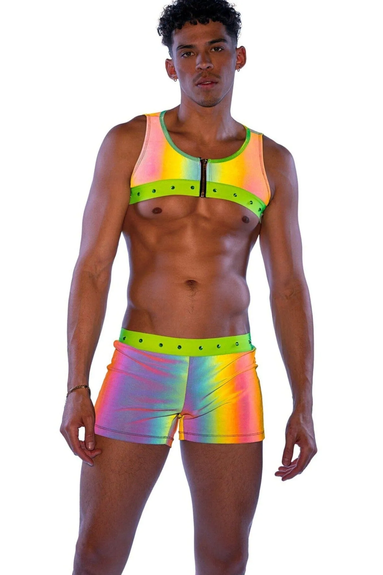 Reflective Cropped Top with Zipper Closure & Stud Detail