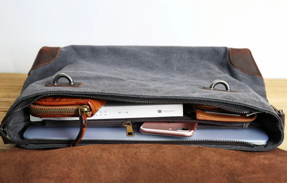 Rugged Canvas Messenger Bag with Leather Trim Laptop Bag - Medium/Large