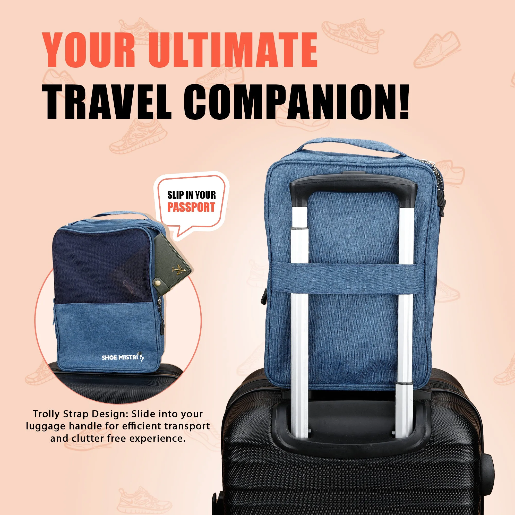 Shoe Mistri Travel Shoe Bag Holds 3 Pairs for Traveling and Daily Use Storage Pouch (Blue)