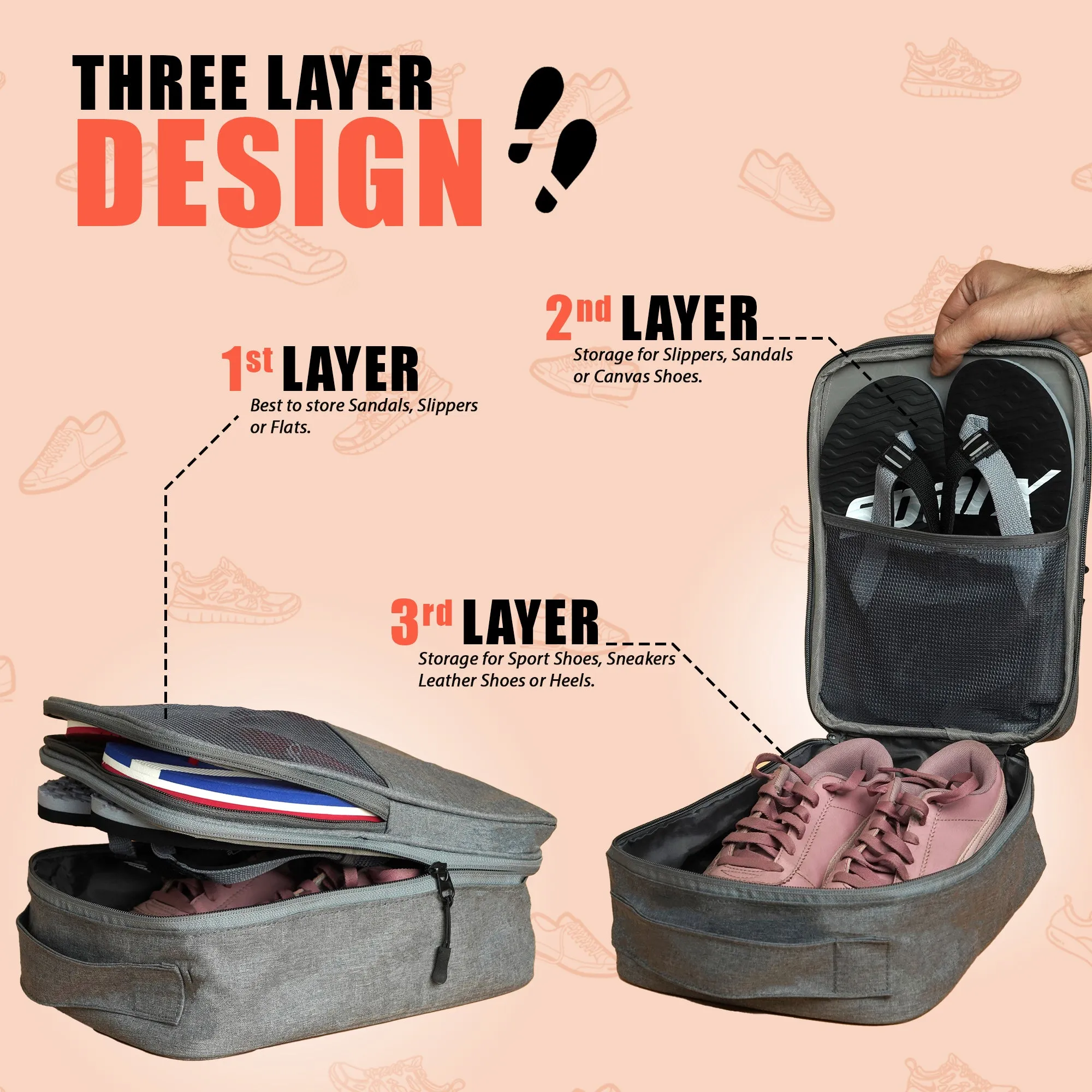 Shoe Mistri Travel Shoe Bag Holds 3 Pairs for Traveling and Daily Use Storage Pouch (Grey)