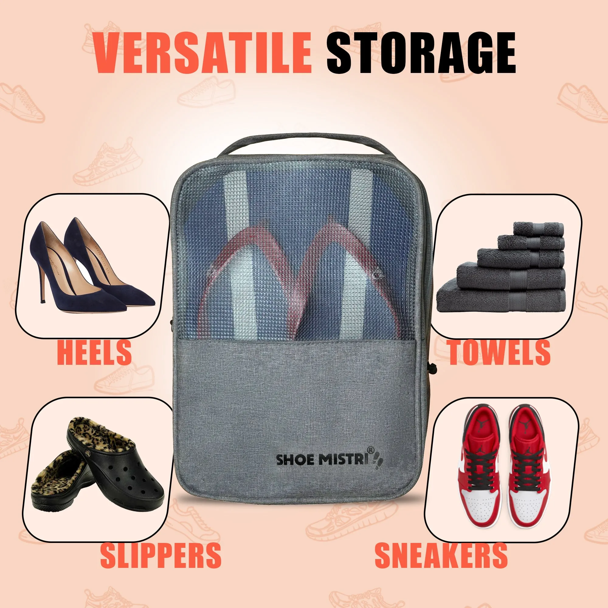 Shoe Mistri Travel Shoe Bag Holds 3 Pairs for Traveling and Daily Use Storage Pouch (Grey)