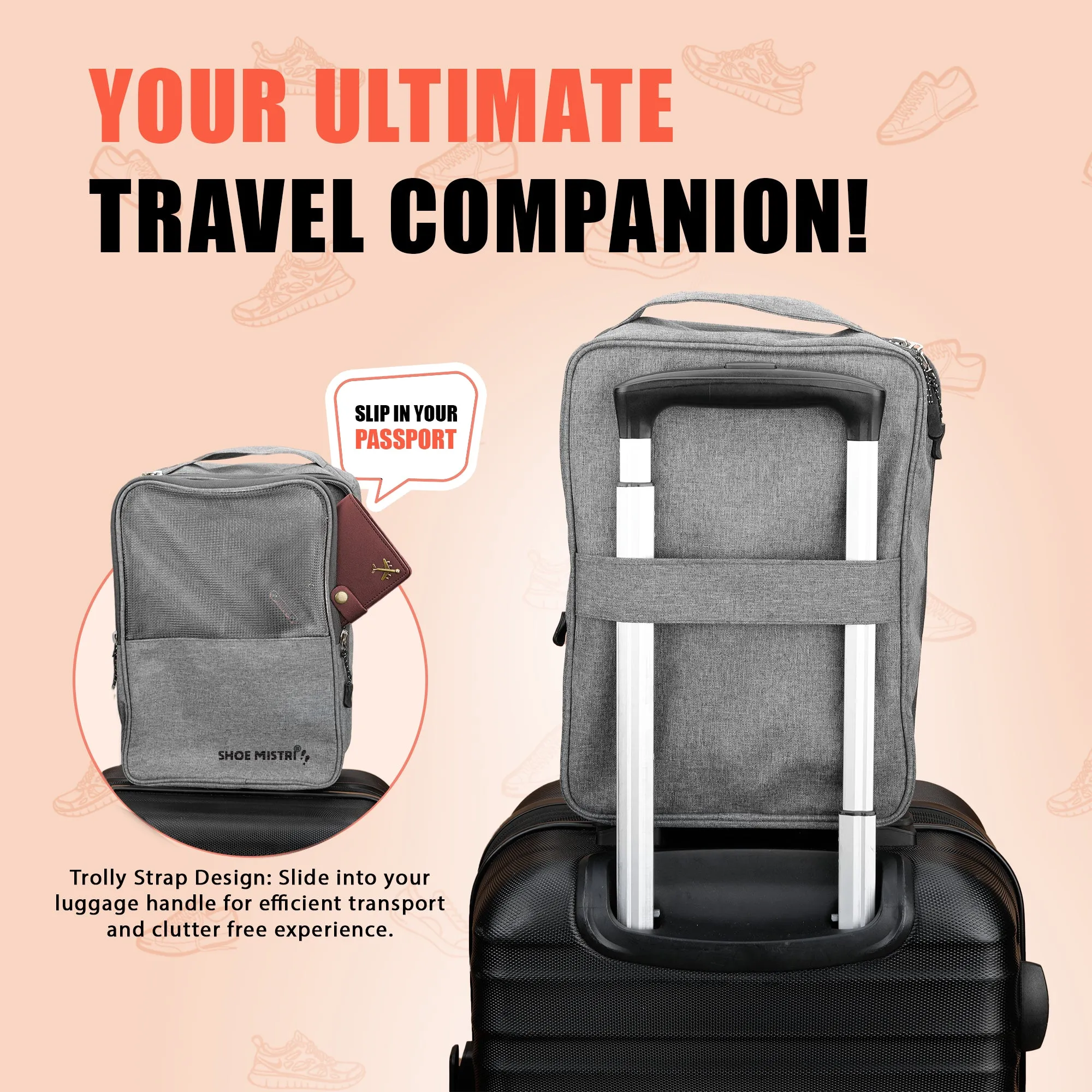 Shoe Mistri Travel Shoe Bag Holds 3 Pairs for Traveling and Daily Use Storage Pouch (Grey)