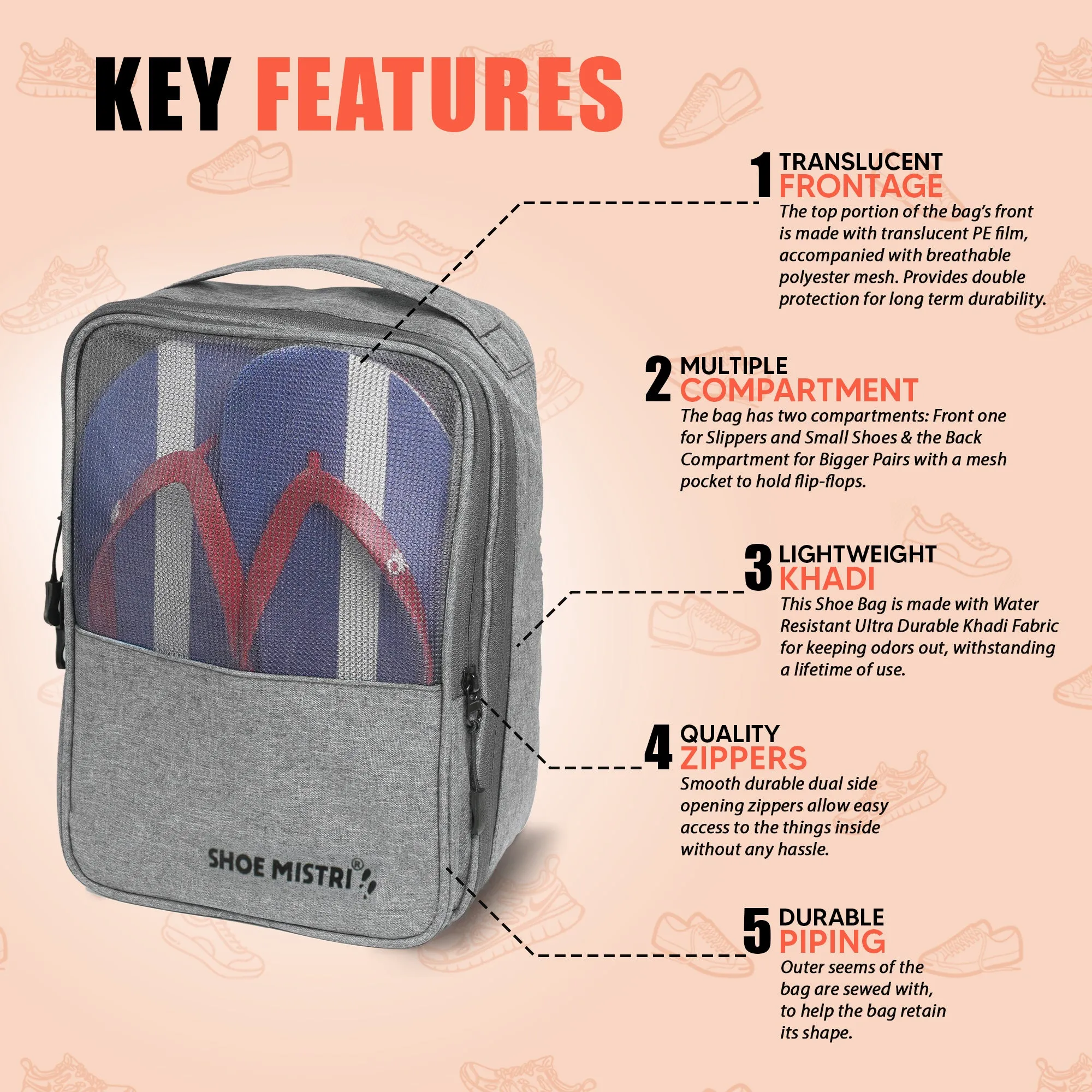 Shoe Mistri Travel Shoe Bag Holds 3 Pairs for Traveling and Daily Use Storage Pouch (Grey)