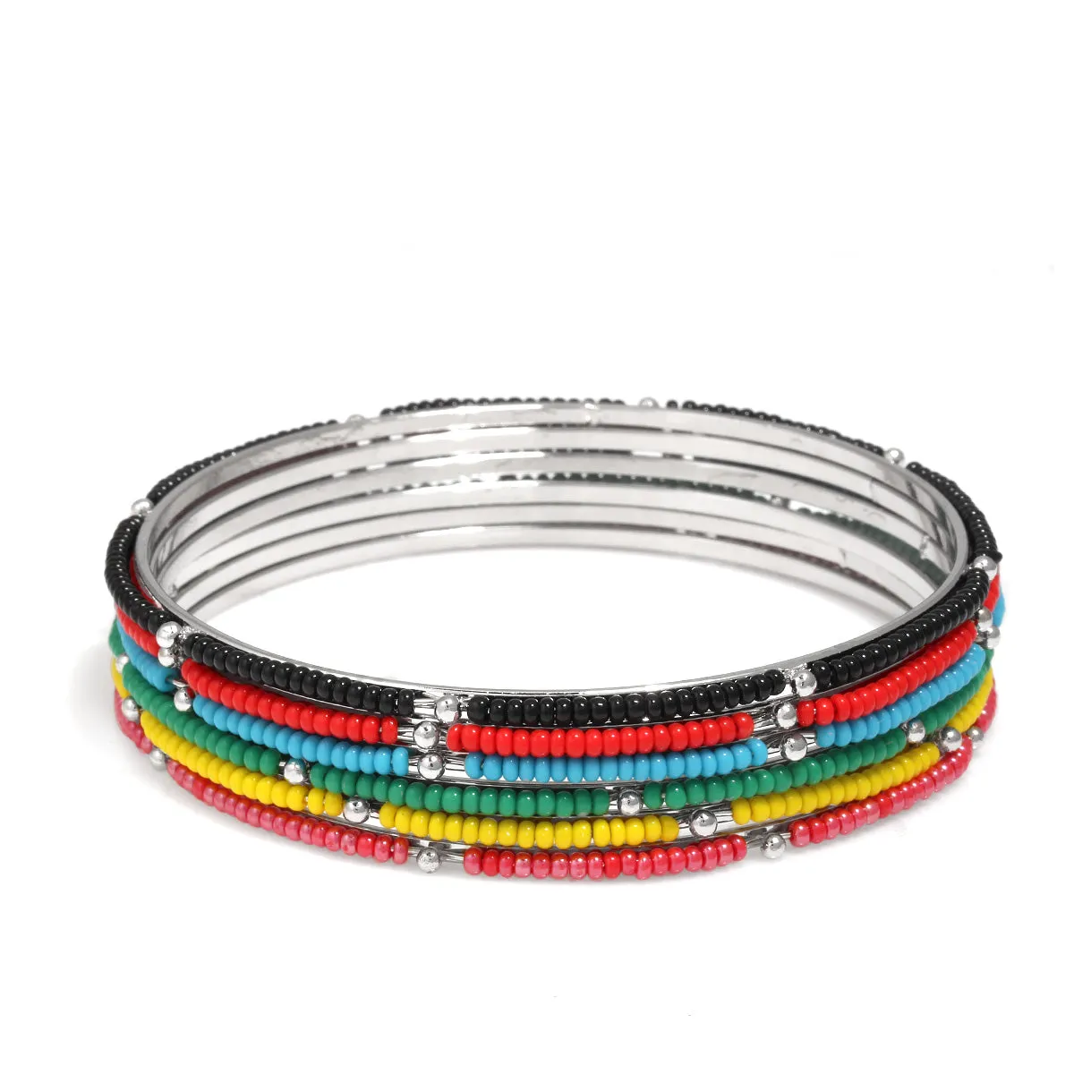 SILVER MULTICOLOR BEADS 6PCS  BANGLE SET #B07167 MULTI (SB18)