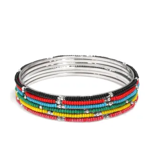 SILVER MULTICOLOR BEADS 6PCS  BANGLE SET #B07167 MULTI (SB18)