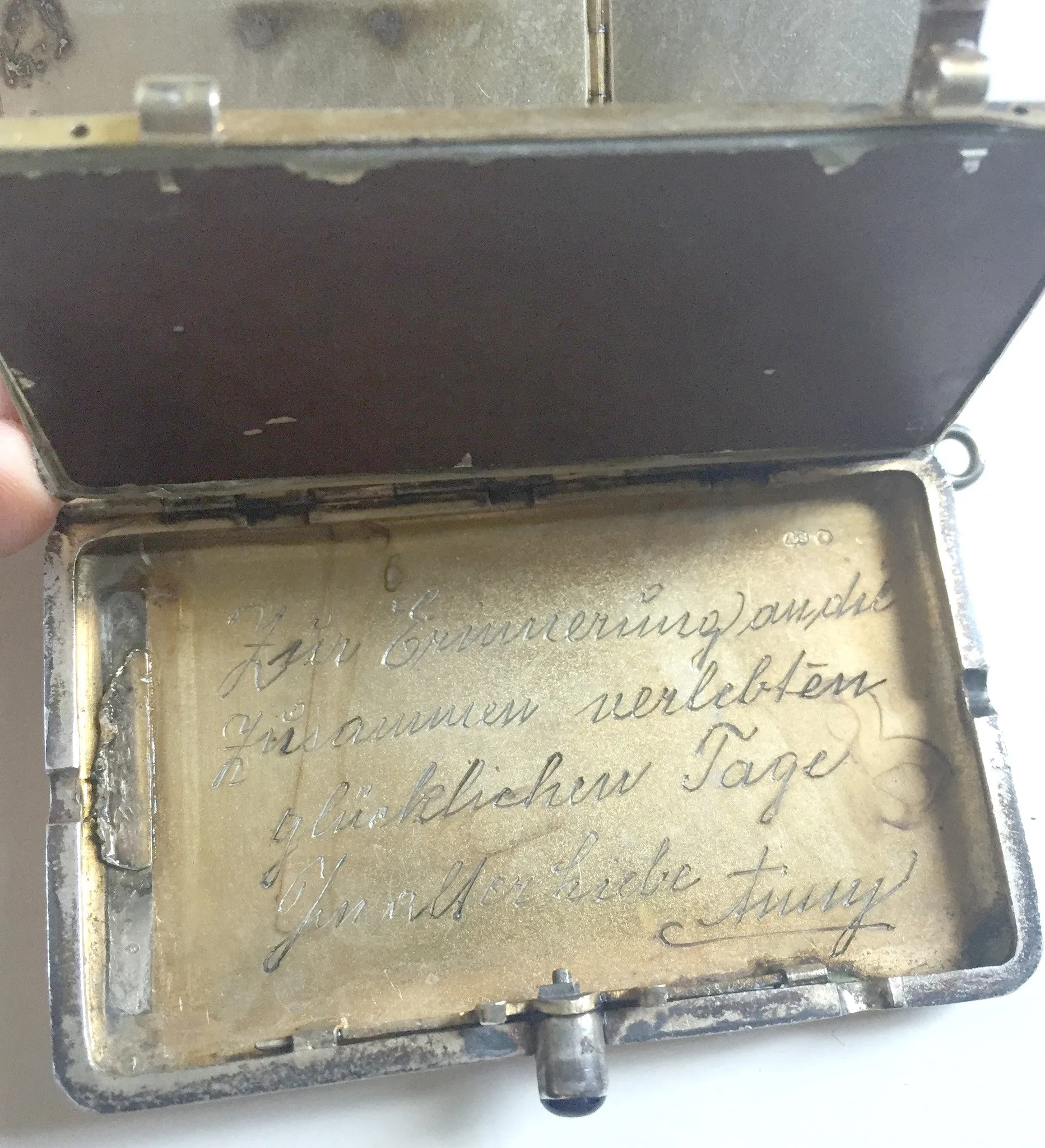 SOLD German Silver and Silver-Gilt Cosmetic Case with Enamel of Dogs to Cover