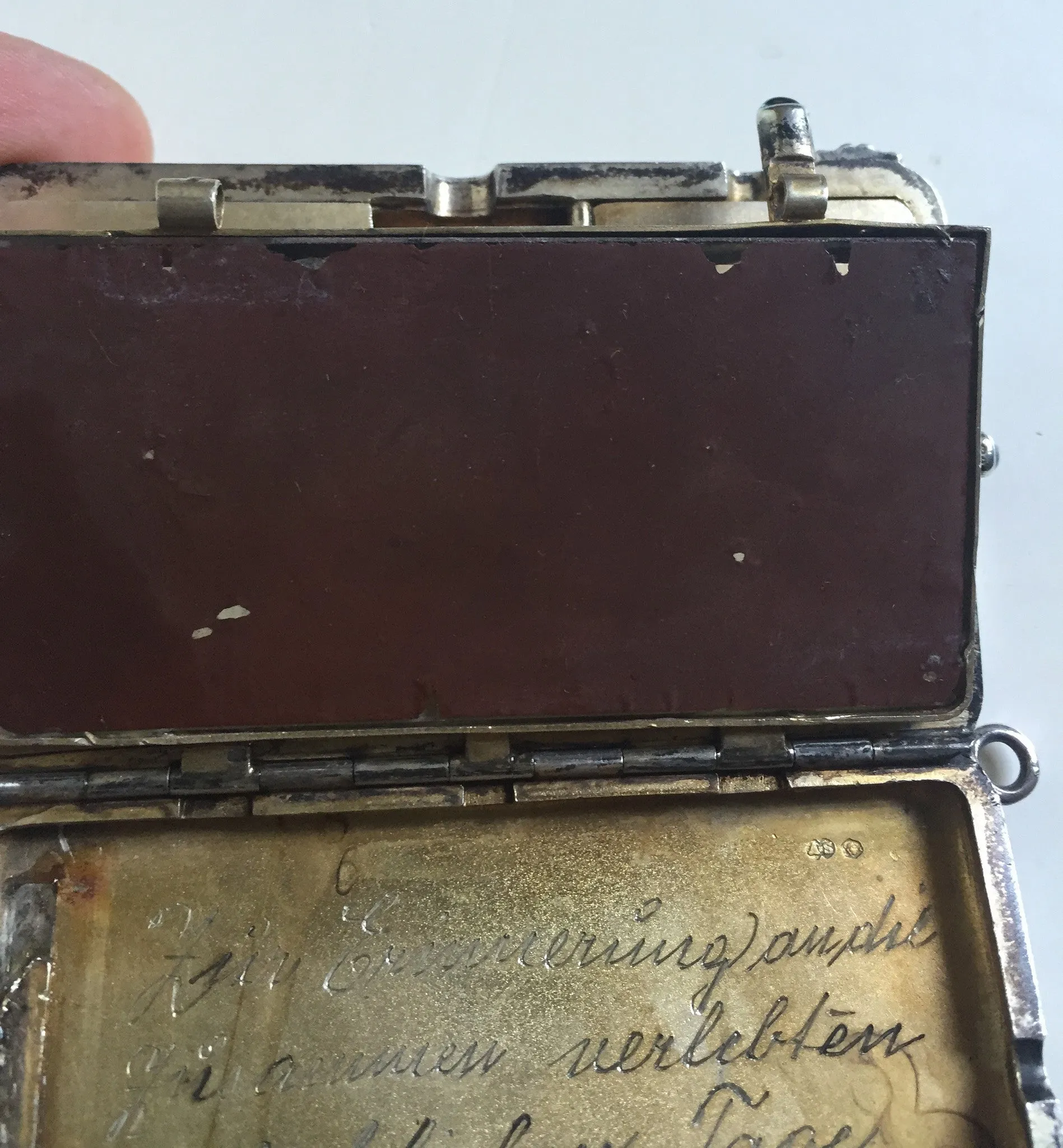 SOLD German Silver and Silver-Gilt Cosmetic Case with Enamel of Dogs to Cover