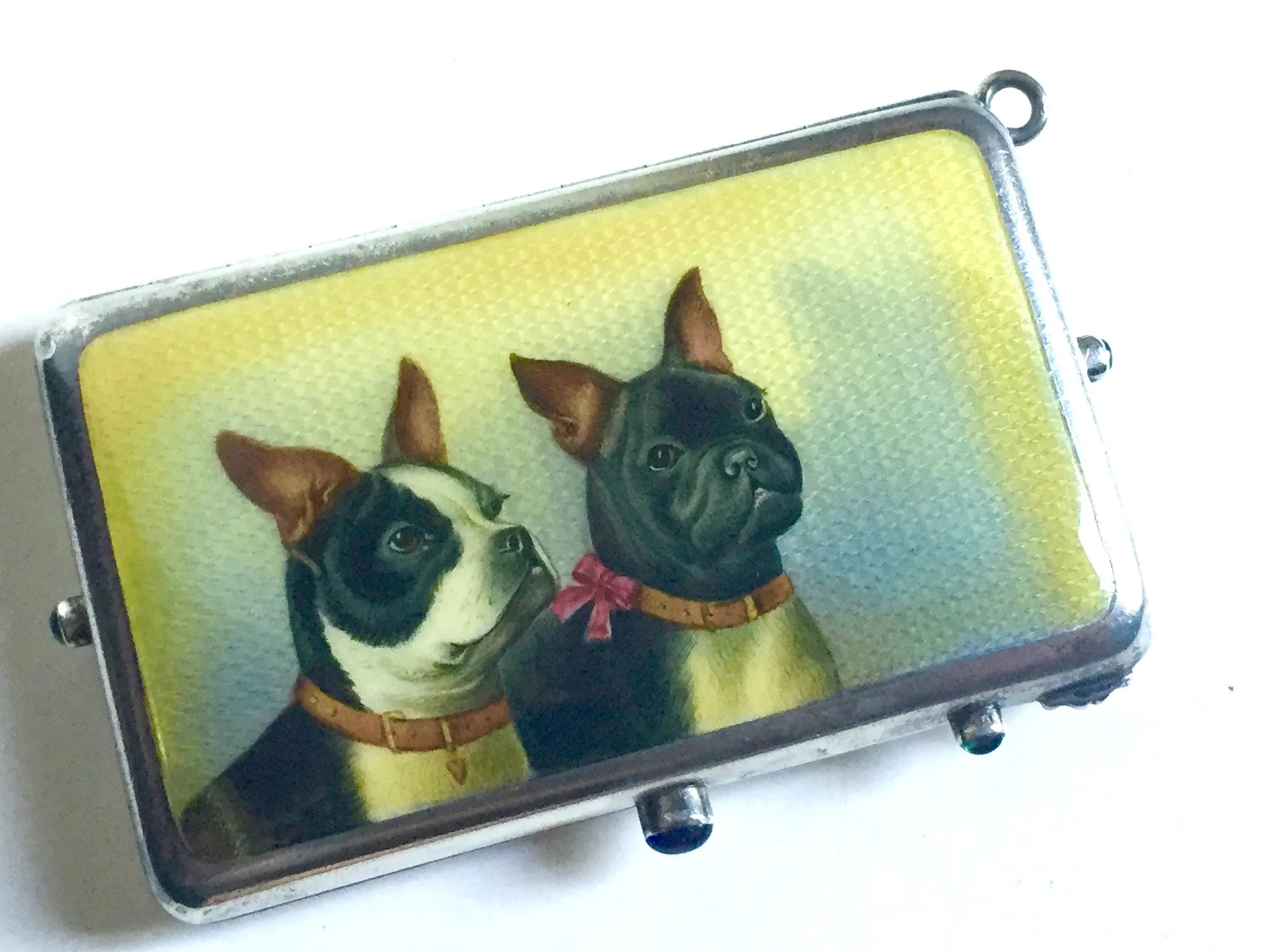 SOLD German Silver and Silver-Gilt Cosmetic Case with Enamel of Dogs to Cover