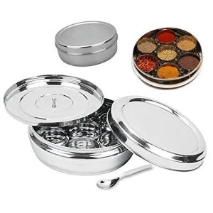 Stainless steel Spice Box With 7 Container And Lid Spice Organizer Masala Dabba, Spice Container, Spice Box kitchen Accessories Tools Indian Spice box, Spice container box, Spice Storage box (8 Inch)